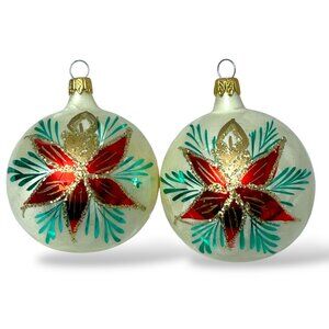 Vintage Glass Christmas Ornaments Set of 2 Poinsettia 2.25" Round Columbia